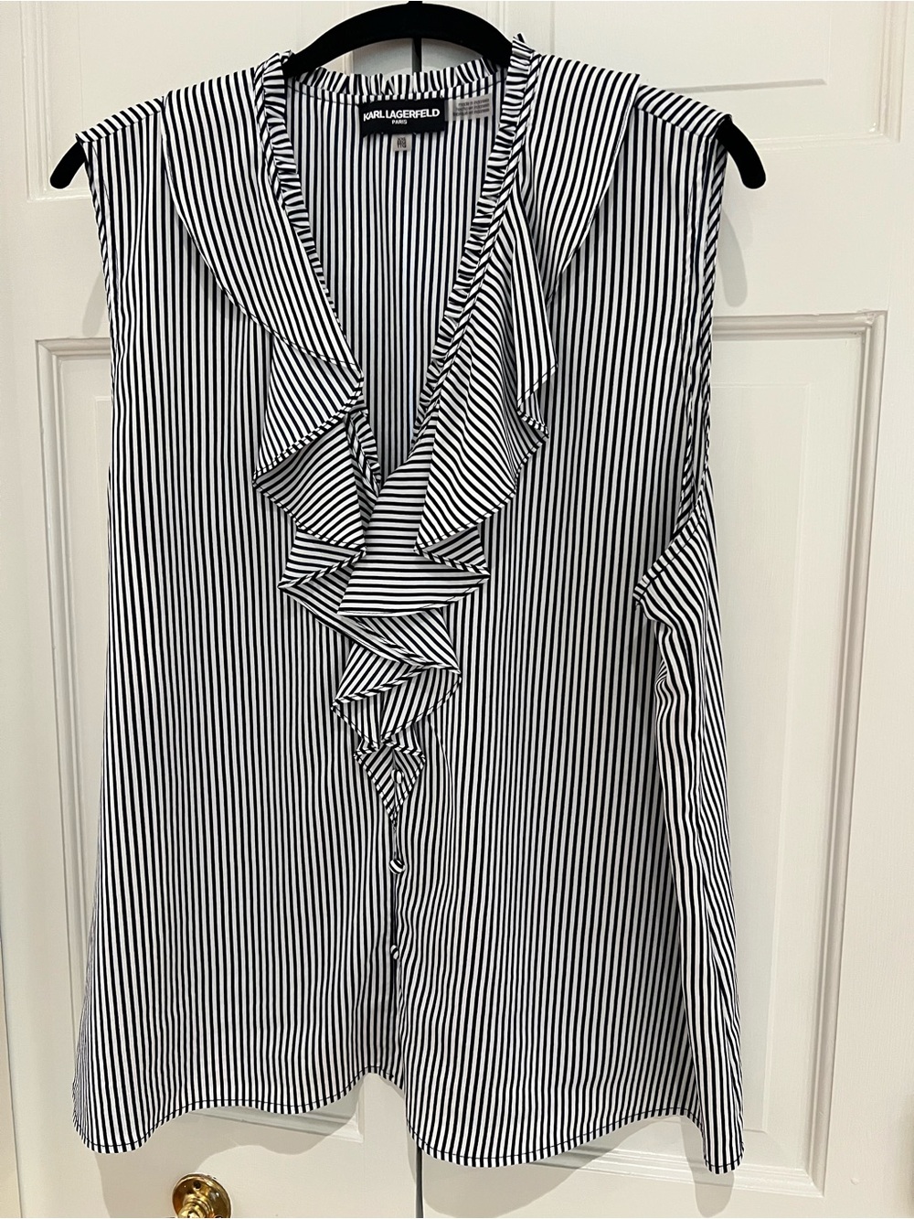 Karl Lagerfeld Navy Blue and White Vertical Stripe Ruffle V-Neck Sleeveless XXL